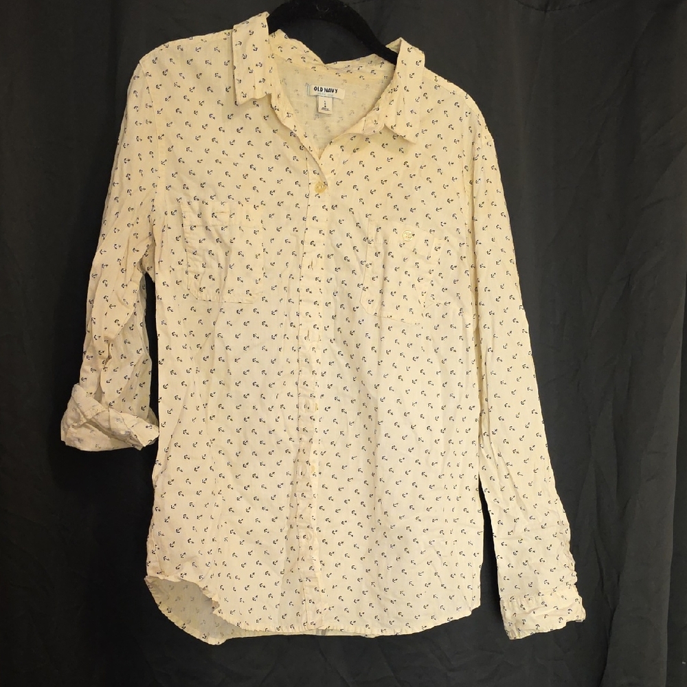 Old Navy Women's Cream Button Down Shirt with Anchor Pattern